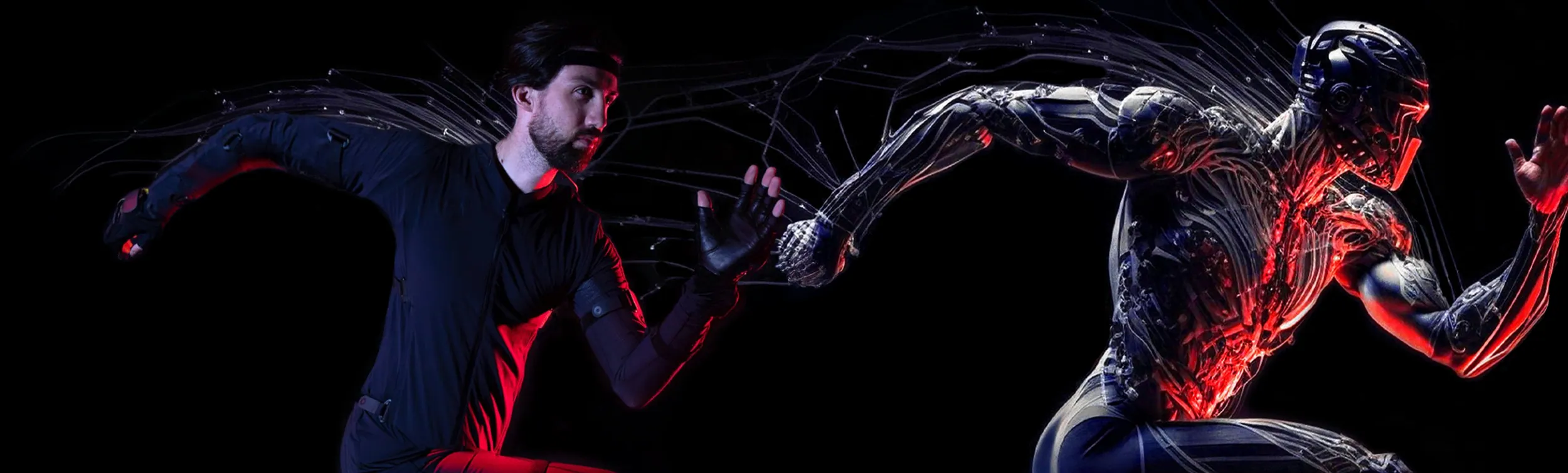 Performer in a motion capture suit and gloves beside the CG character their performance drives in real time