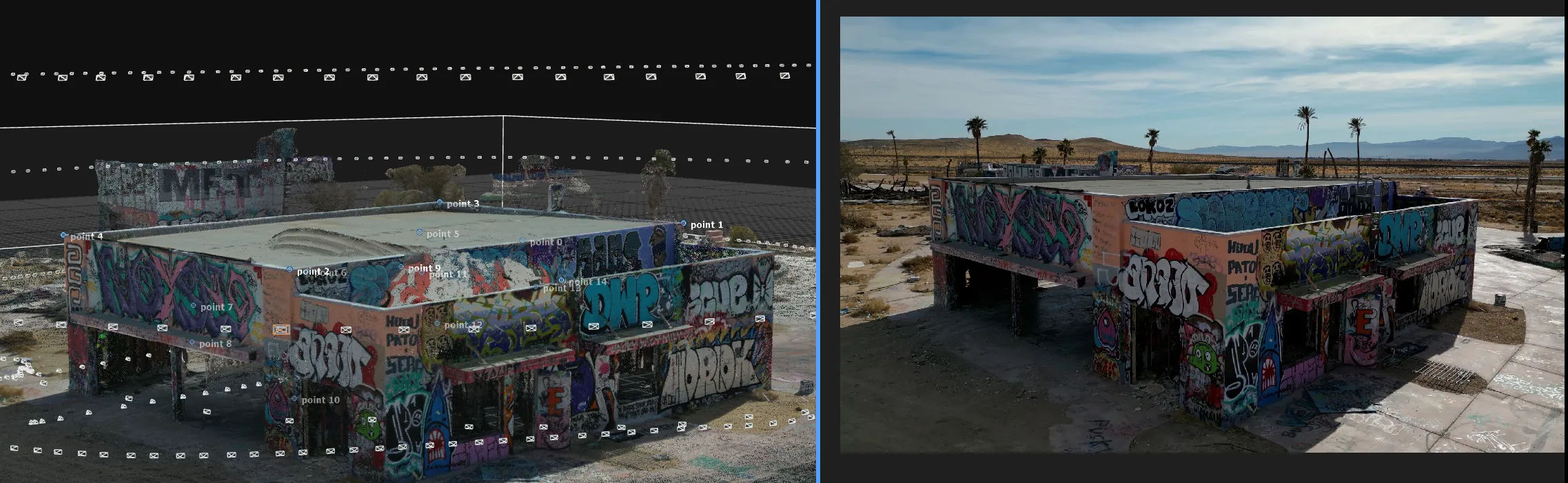 RealityCapture split view with numbered control points on the graffiti building model beside a source drone photo