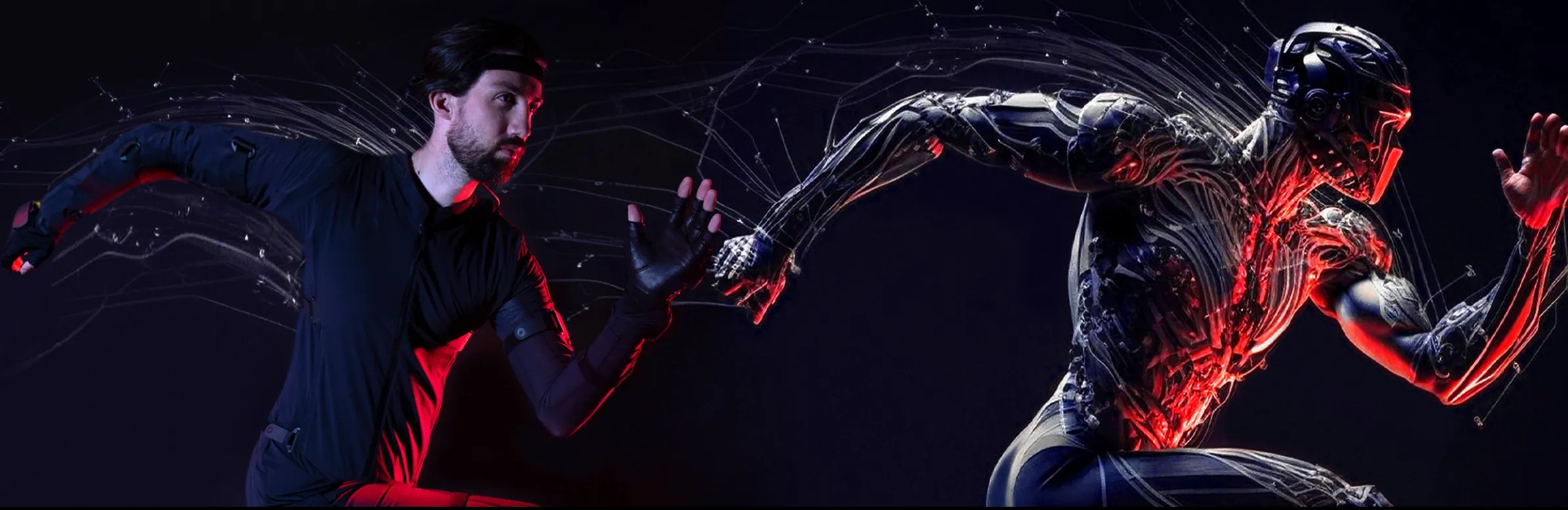 A man running alongside a futuristic robot with glowing red accents, both depicted with a sleek, high-tech design in a dark setting.