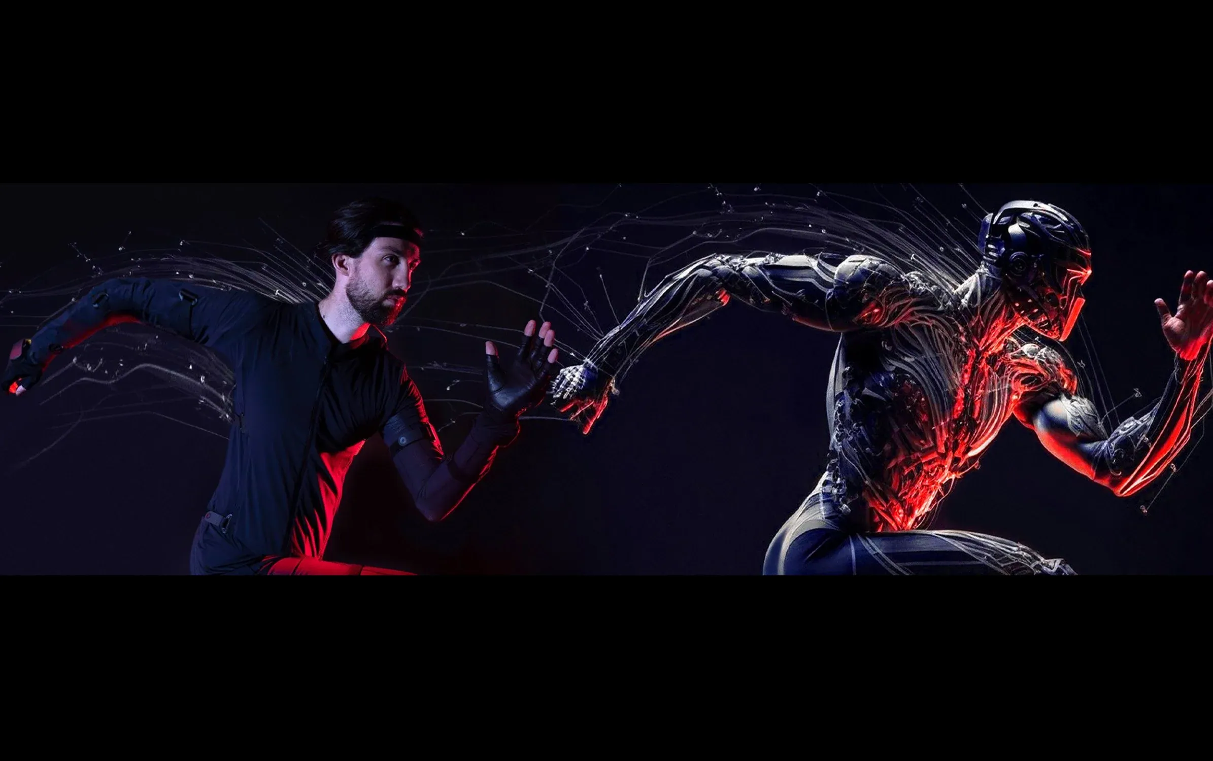Man in a motion-capture suit and gloves mid-stride beside a glowing red CG humanoid mirroring his pose, composited on black