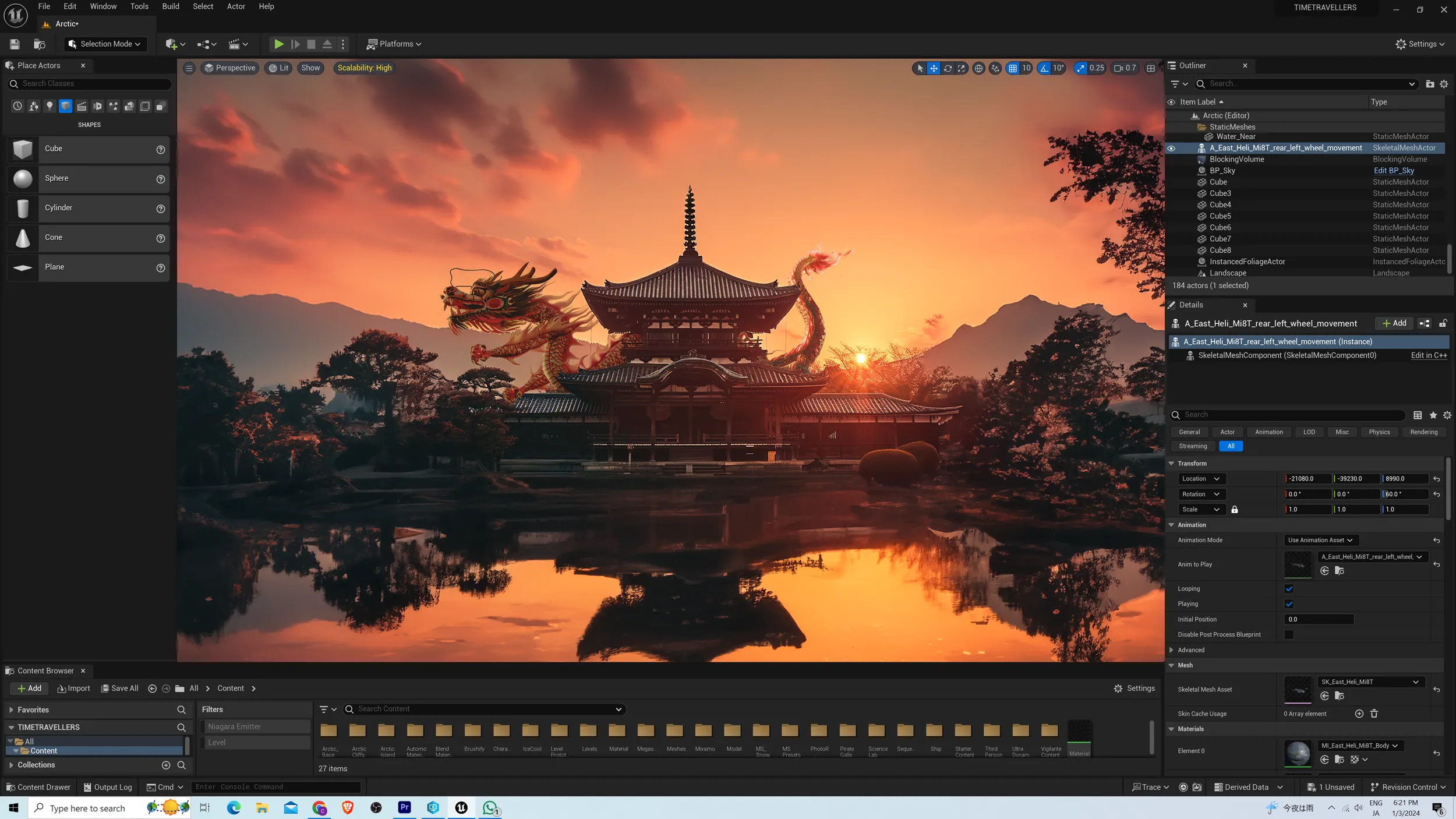 Unreal Engine 5 editor showing the sunset temple and dragon scene with the Outliner, Details and Content Browser open