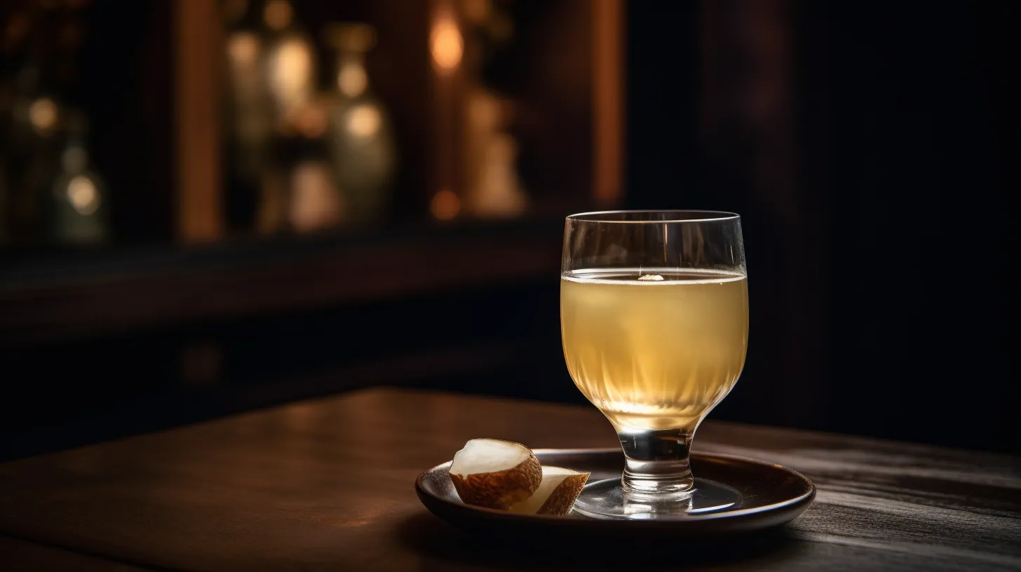 Stemmed glass of a pale golden Umeshu Sour with a halved fruit on a dark saucer, lit bottles blurred behind