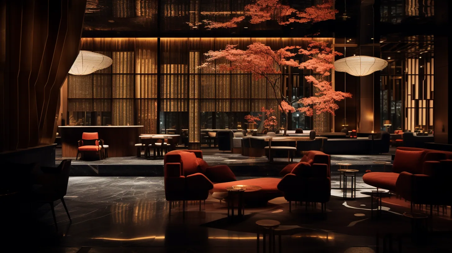 Concept render of a dark hotel lounge with red velvet armchairs, paper lantern pendants and an indoor red maple tree
