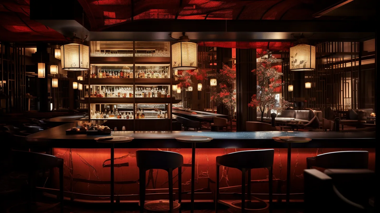 Concept render of a red-lit hotel bar counter with backlit bottle shelves, paper lanterns and dark bar stools