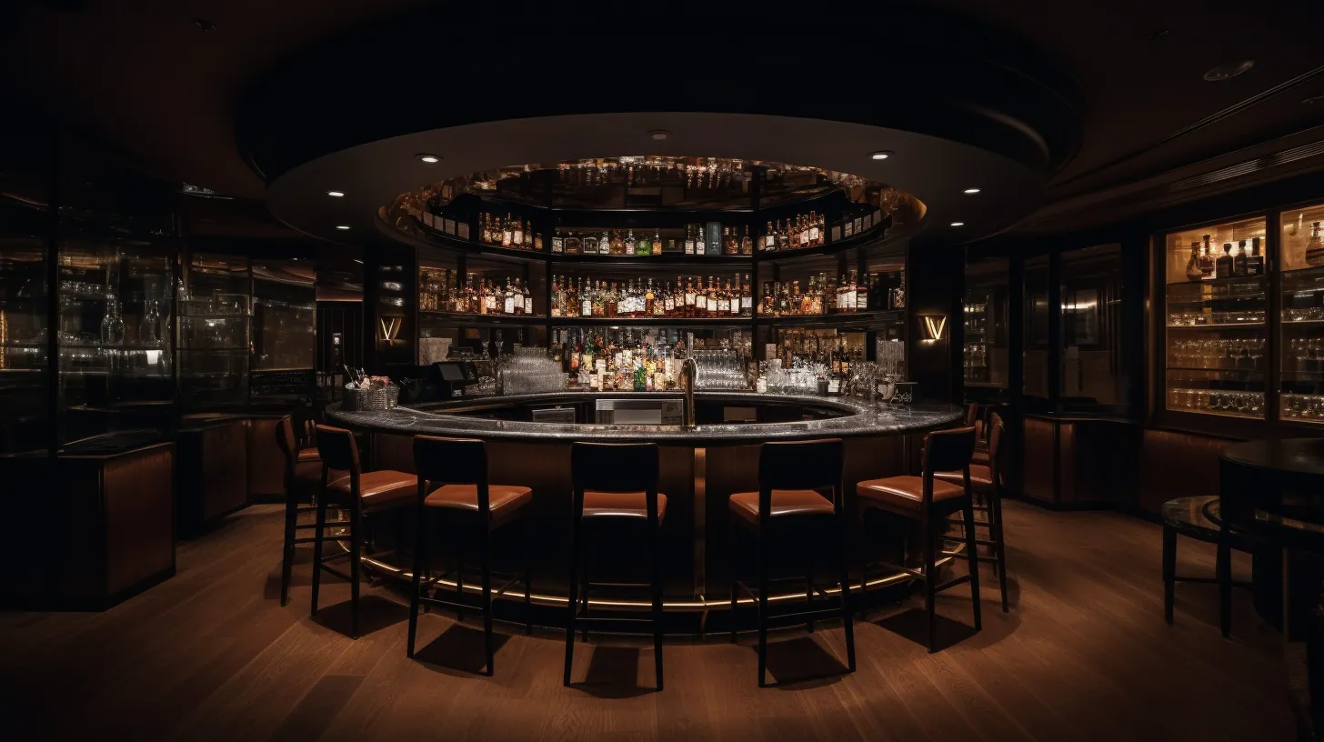 Concept render of a circular hotel bar with a central island of backlit bottles ringed by leather-seat bar stools