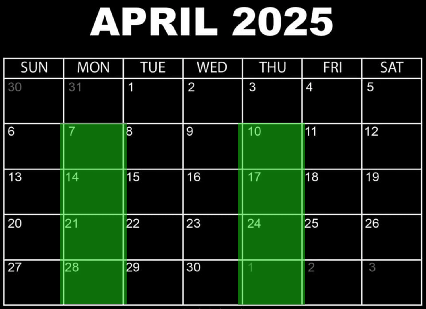 Calendar for April 2025 highlighting the dates 7th, 10th, 14th, 17th, 21st, 24th, and 28th in green.