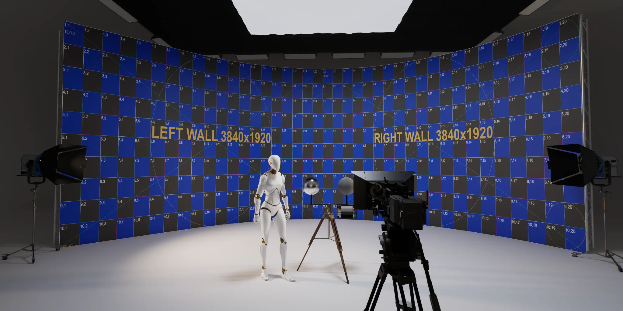 3D render of a curved LED wall showing a blue calibration grid, with a white android figure, reference spheres and a camera