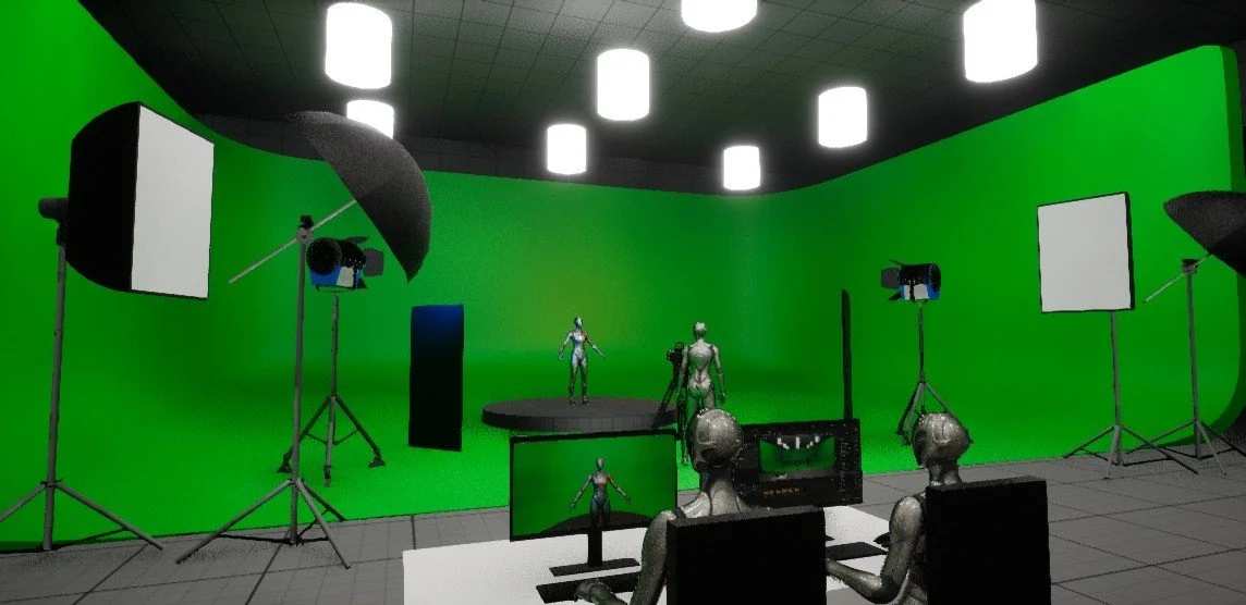 3D render of a green-screen studio with softbox lights, a figure on a round stage and mannequins seated at a monitor