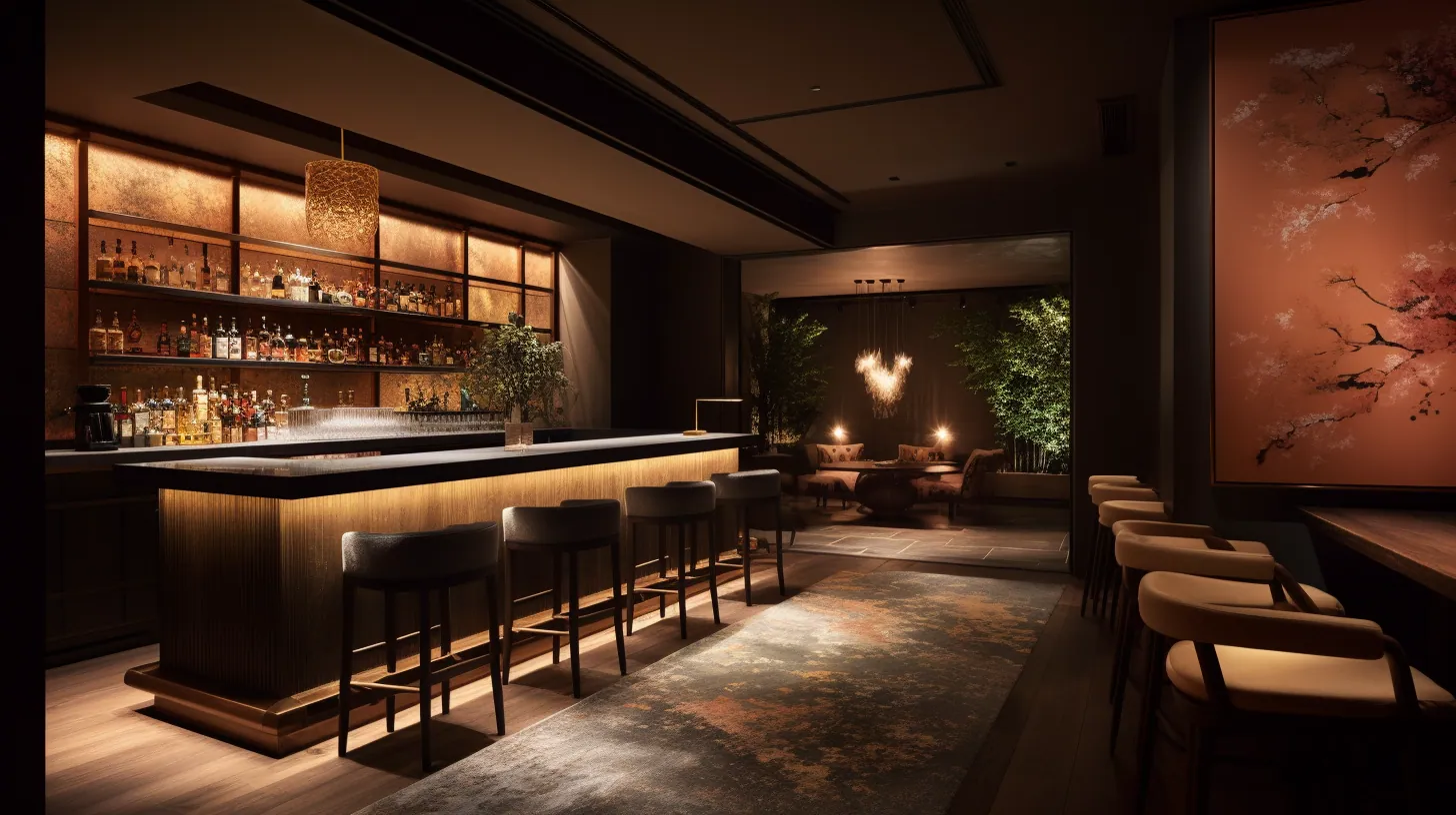 Concept render of a warm hotel bar with a glowing counter, upholstered stools and a cherry blossom painting on the wall