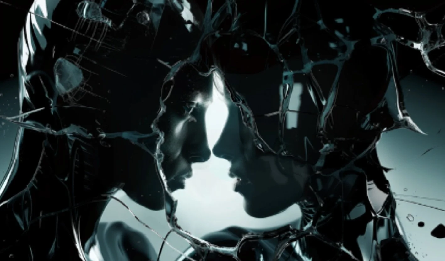 Dark stylized artwork of two faces in profile nearly touching, framed by shards of glossy black shattered glass