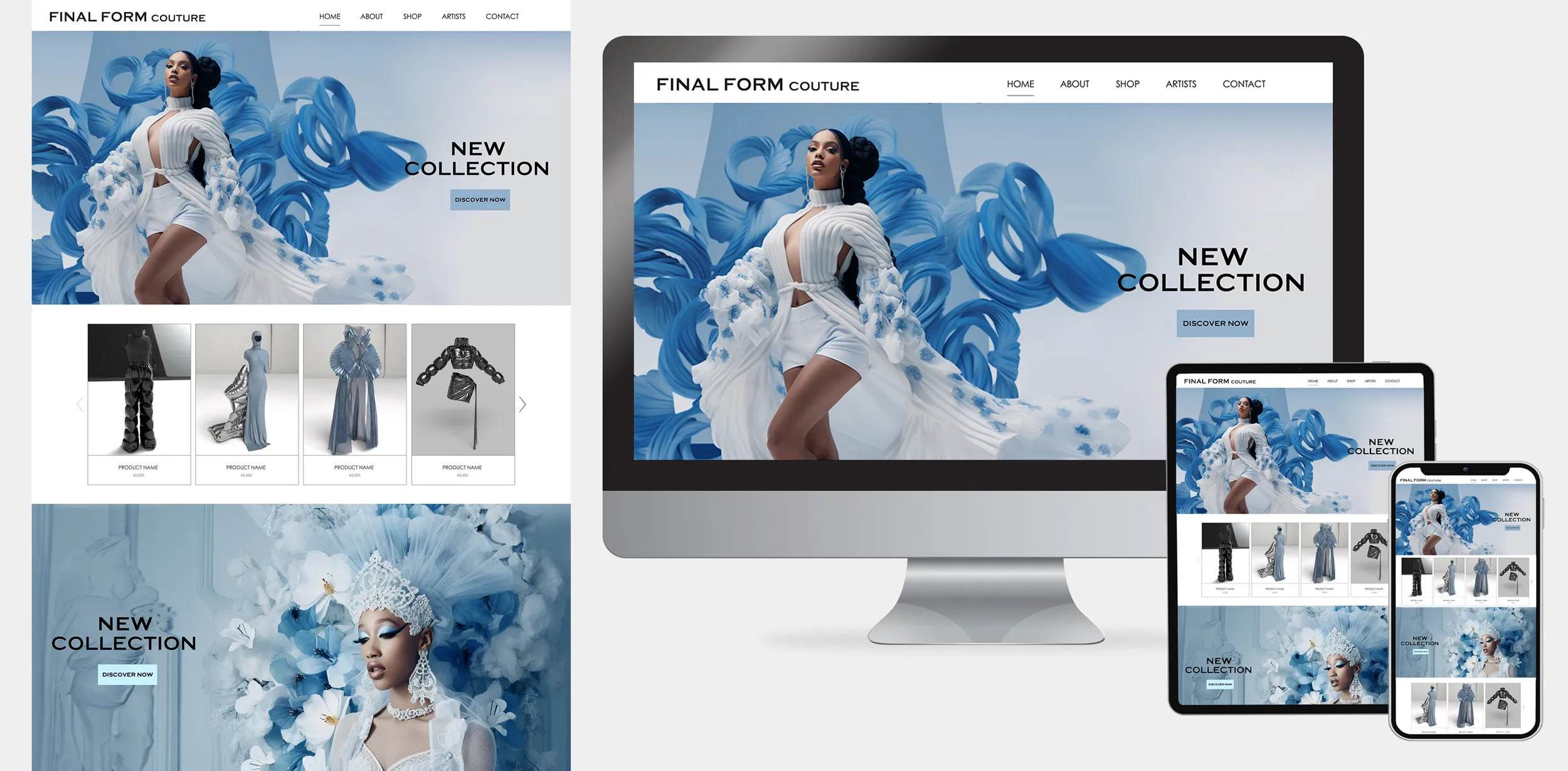 Responsive mockup of a Final Form Couture fashion site on monitor, tablet and phone with a New Collection banner in blue