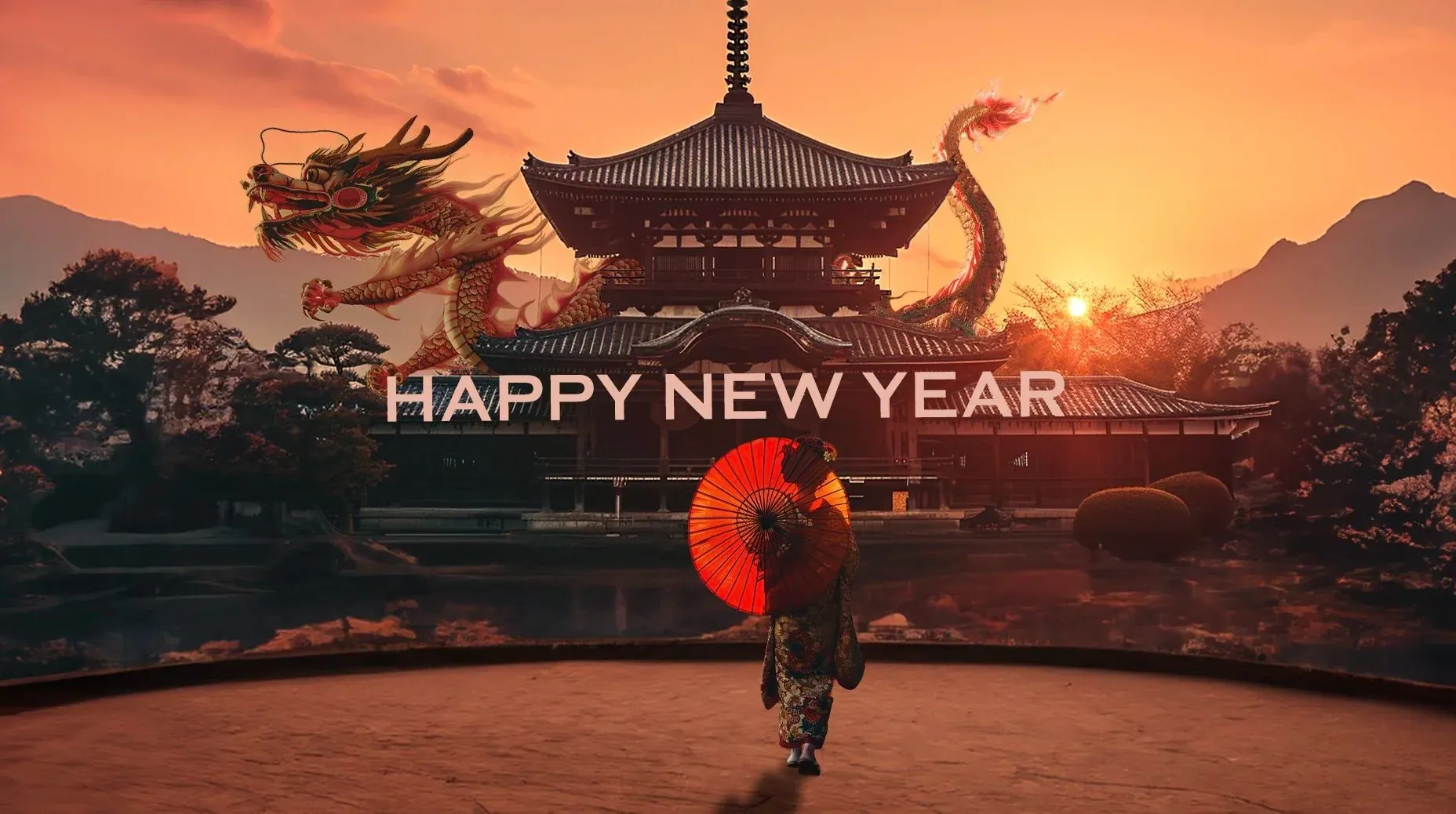 Composite New Year artwork of a woman with a red umbrella before a Japanese temple at sunset and a golden dragon above