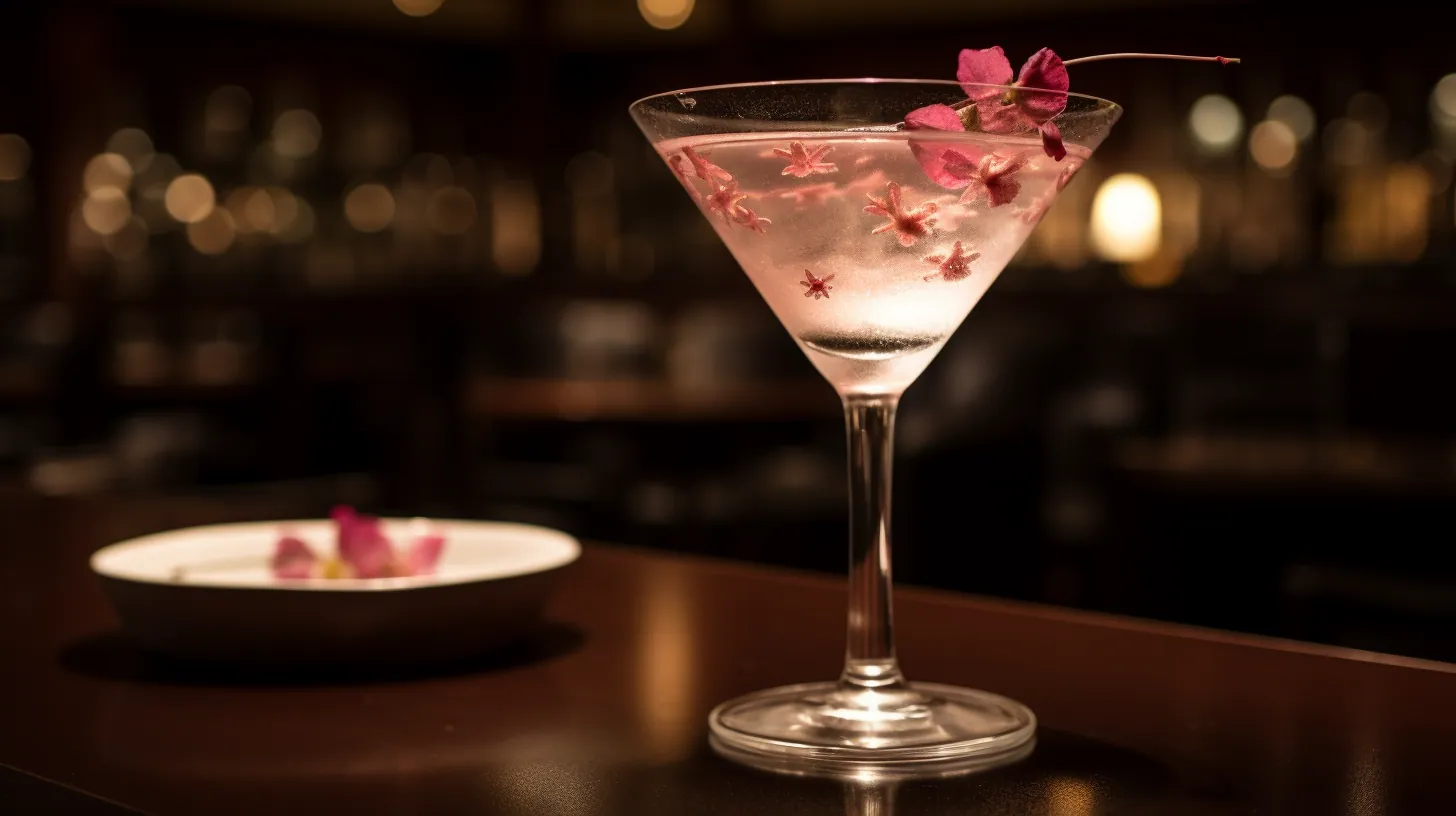 Concept image of a martini glass holding a clear cocktail with floating cherry blossom petals on a dark bar counter
