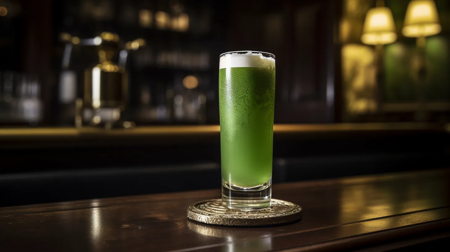 Tall glass of a bright green Matcha Highball with a foamy head on an ornate gold coaster on a dark bar counter