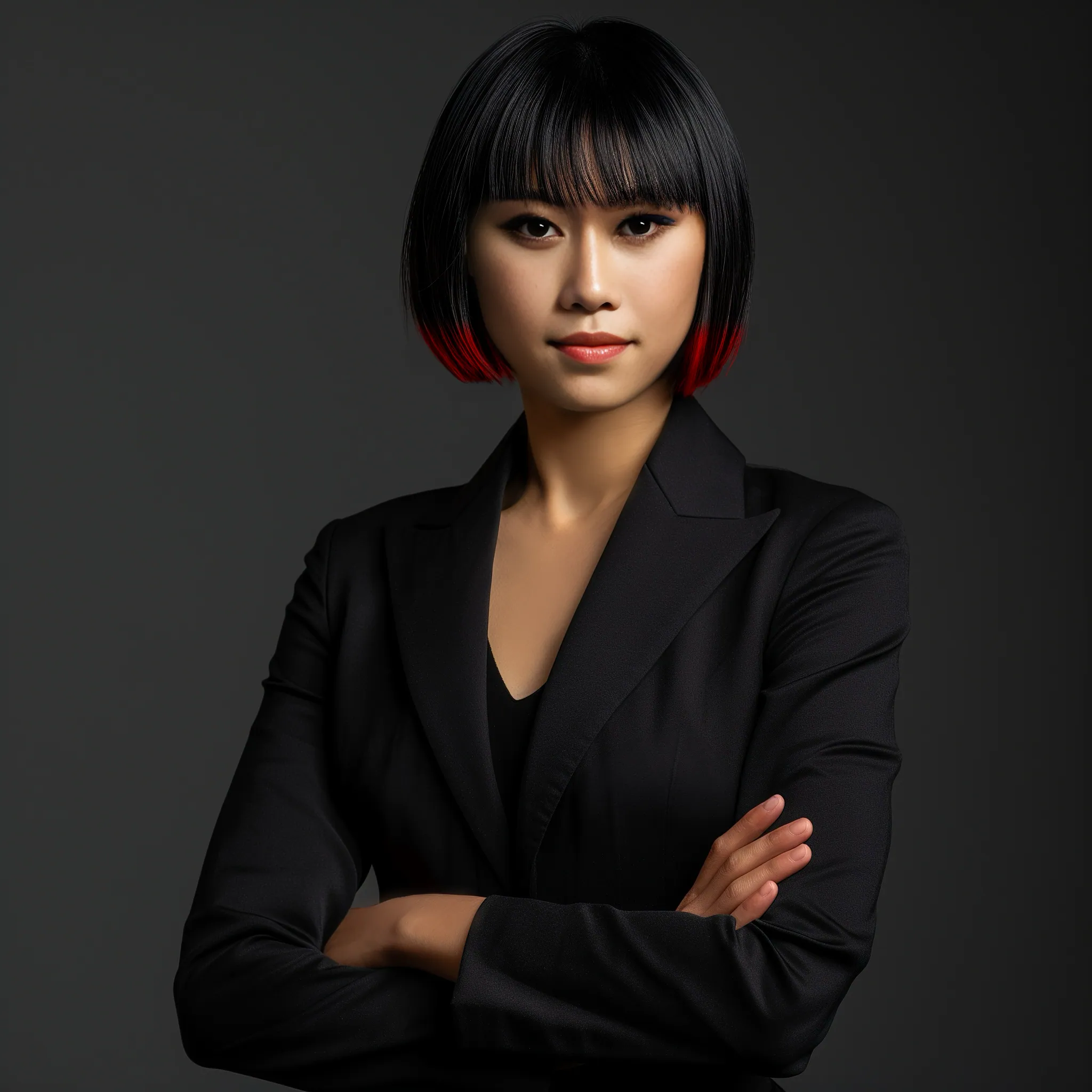 Woman with a sleek black bob dyed red at the tips, arms crossed in a black blazer against a dark grey background