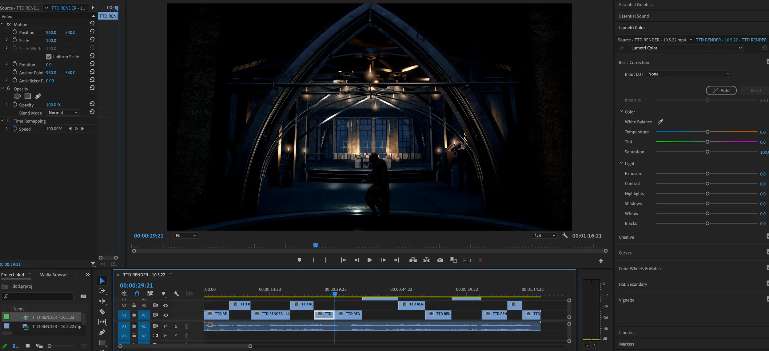 The screenshot shows a video editing software interface, specifically Adobe Premiere Pro, with a dark interior scene being edited. The scene depicts a large, cathedral-like space with arched ceilings, warm lighting from hanging fixtures, and a person kneeling or sitting in the center. The timeline at the bottom displays various clips and audio tracks, and the right panel shows color correction and adjustment settings.