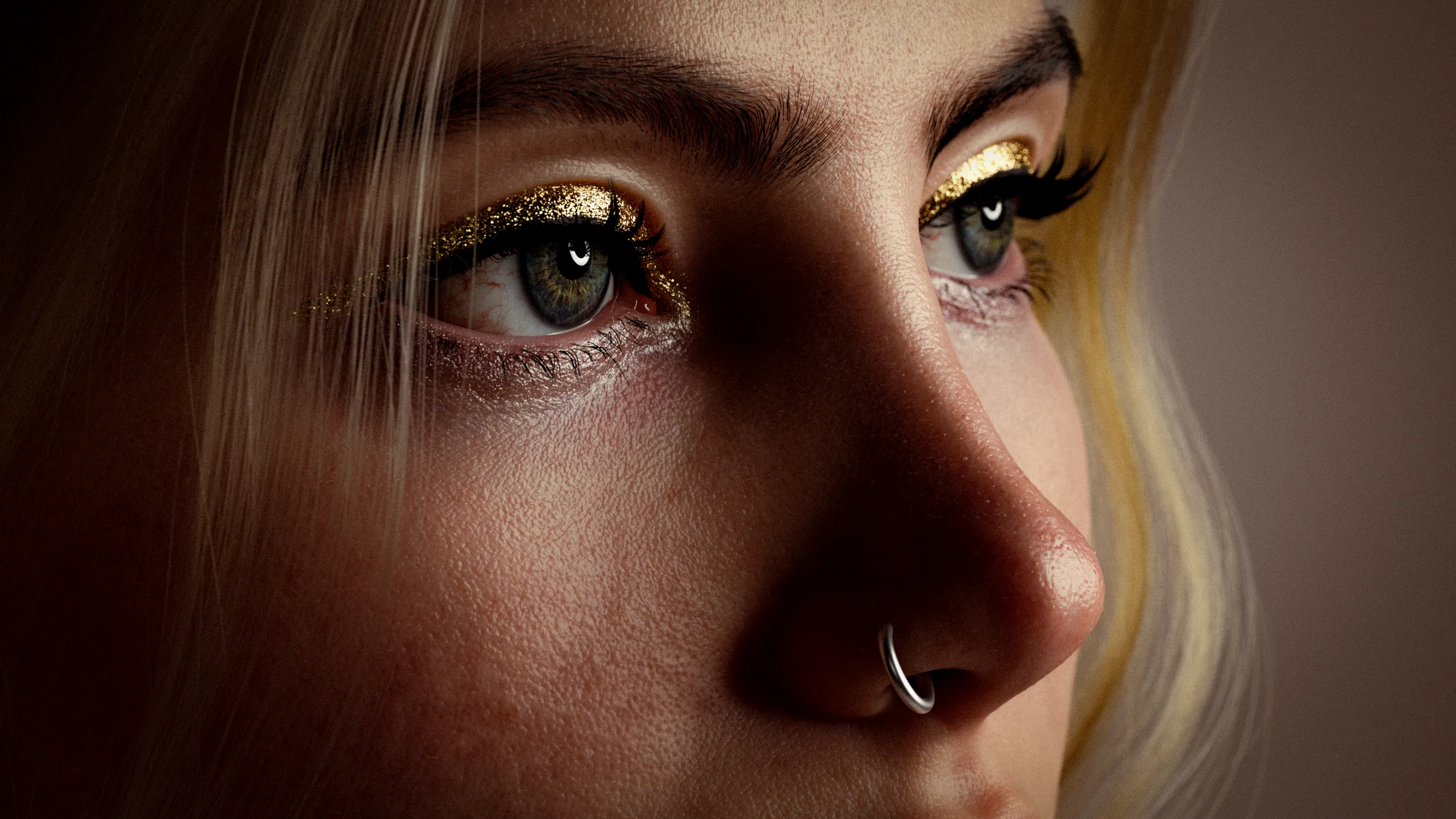 Close-up of the 3D character's eyes with gold glitter eyeliner, grey-green irises and a silver nose ring