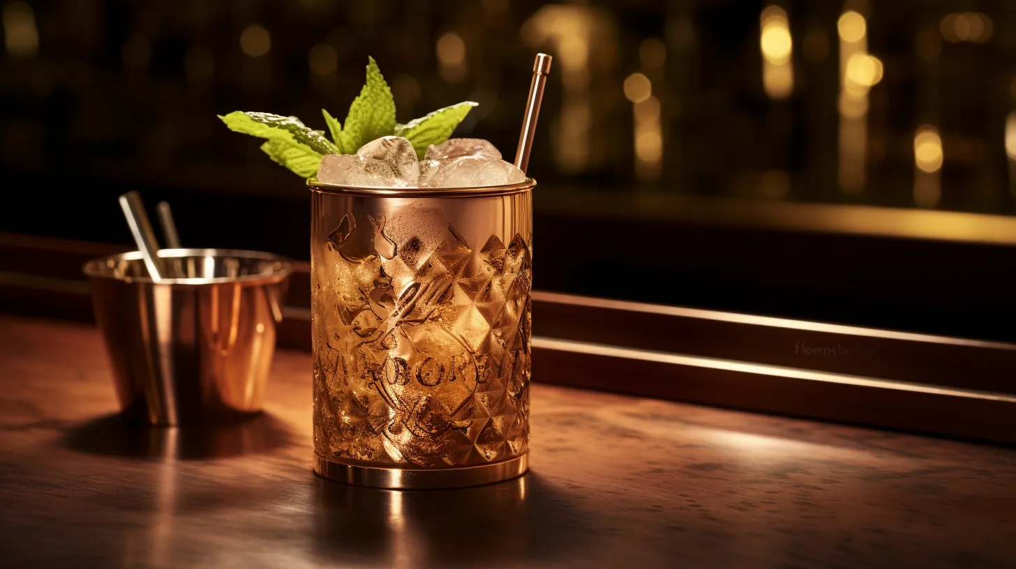 Copper mug of a Tokyo Mule cocktail with ice, a mint sprig and a metal straw on a dark wooden bar counter