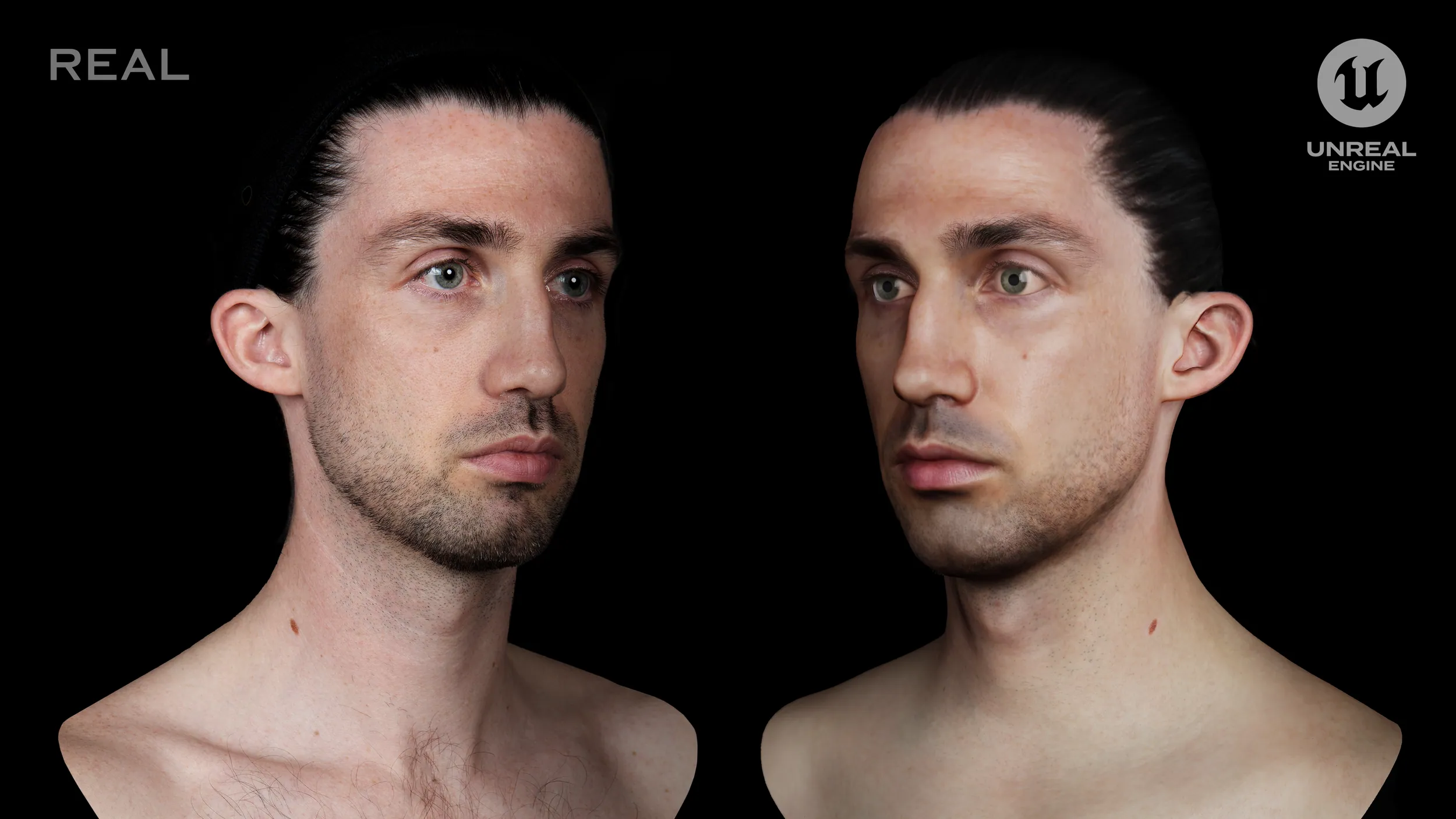A real actor side by side with his Unreal Engine digital double, built from a 3D head scan