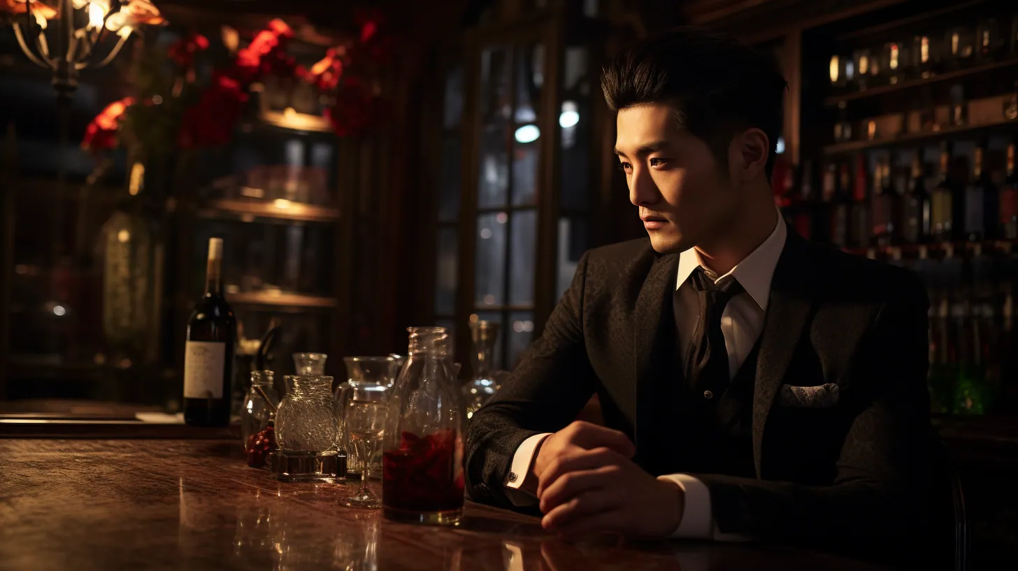 Man in a dark suit and tie seated at a wooden bar beside glass decanters, with red flowers and lit bottle shelves behind