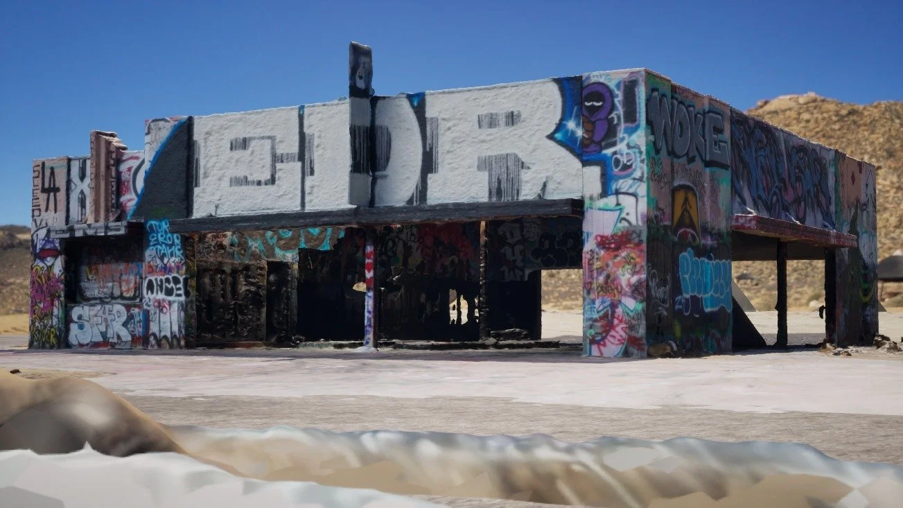 3D render of the far side of the scanned graffiti building with large white block letters and WOKE on a column