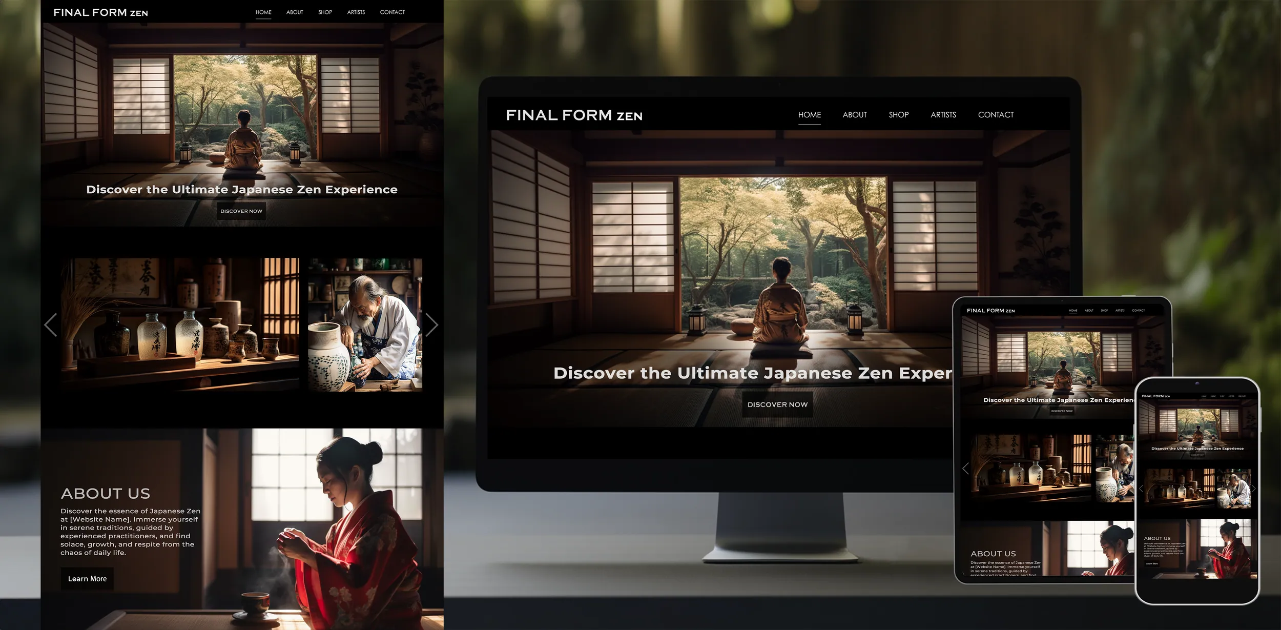 Responsive mockup of a Final Form Zen website on a monitor, tablet and phone, with a person meditating in a tatami room