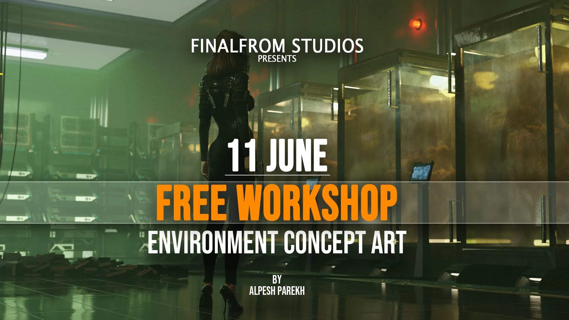 Poster for the 11 June free Environment Concept Art workshop by Alpesh Parekh over sci-fi lab concept art