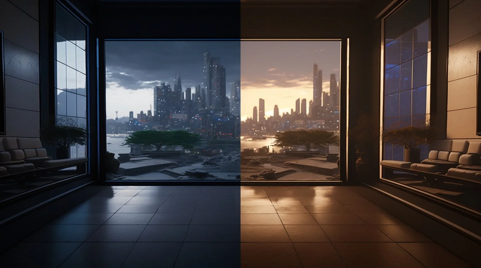Split-screen CG render of a lounge window onto a city skyline, overcast blue on the left and golden sunset on the right