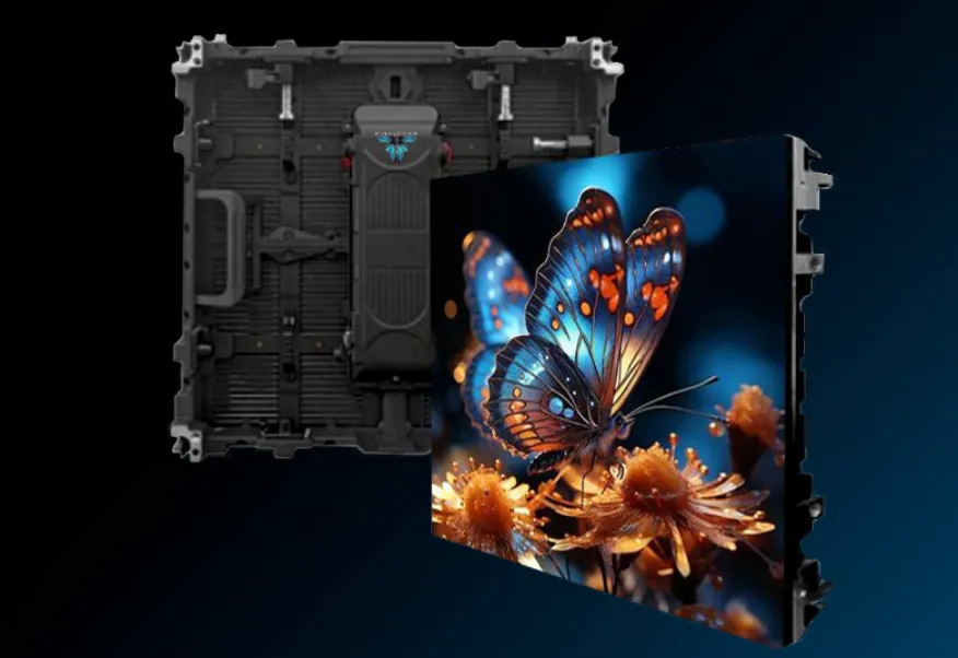 Rendered LED panel shown front and back, the front displaying a glowing blue butterfly on orange flowers.