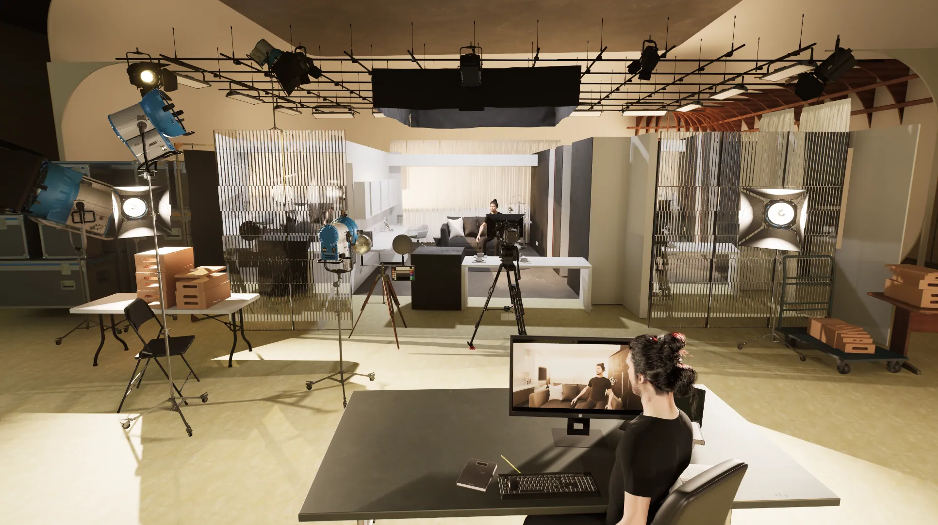 A professional video shoot setup in a studio with camera, lighting, crew member recording, and a woman appearing on the monitor.