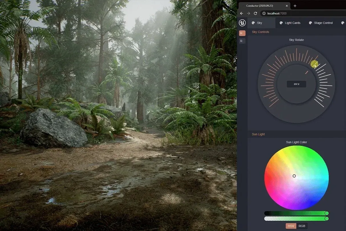 A forest pathway with large rocks and dense greenery, sunlight filtering through tall trees, and a digital interface showing sky control settings with a circular sky rotate gauge and a color wheel for sunlight color.