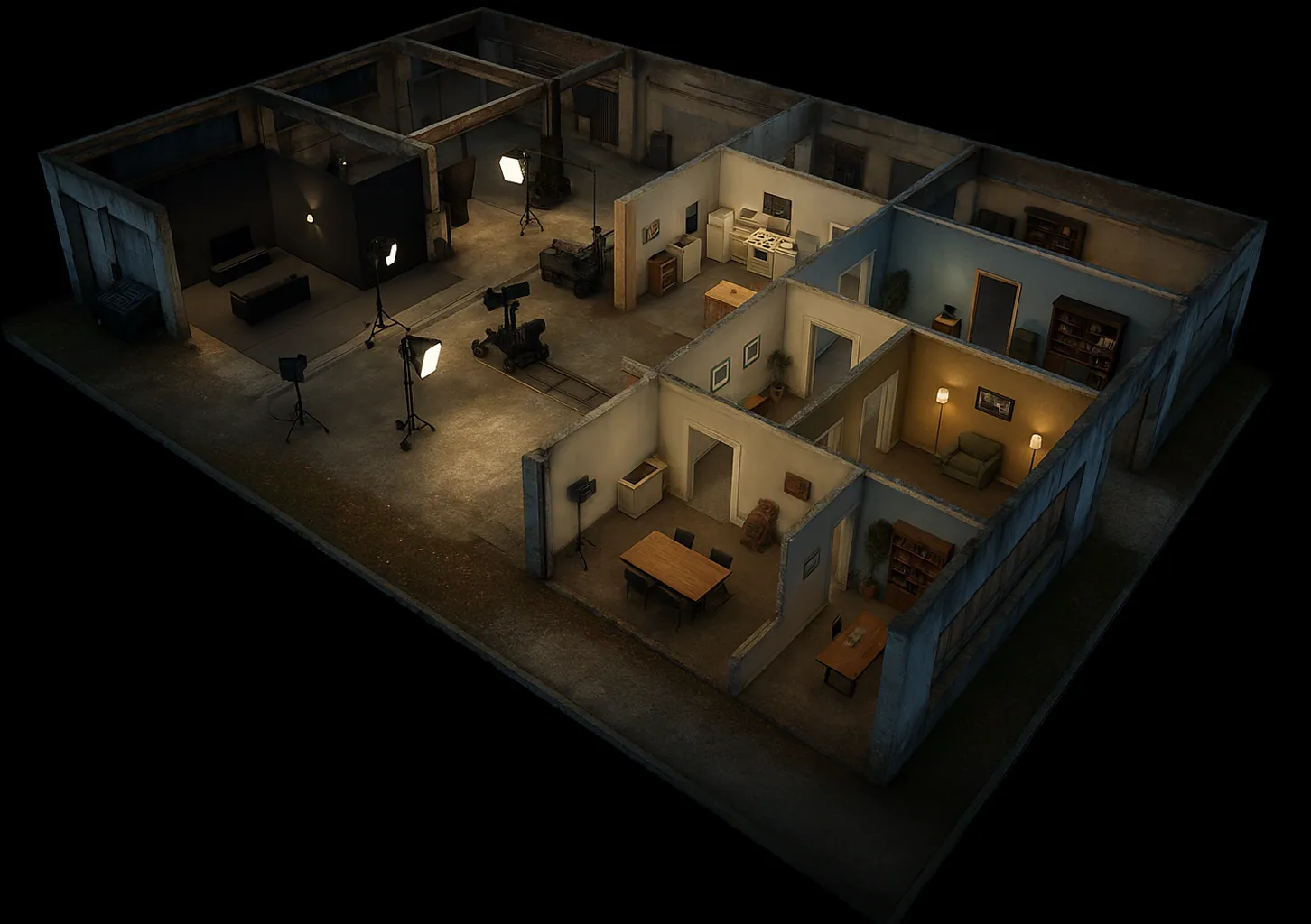 Cutaway 3D view of a film set previsualised in Unreal Engine, with a camera on a dolly track, film lights on stands and fully dressed rooms