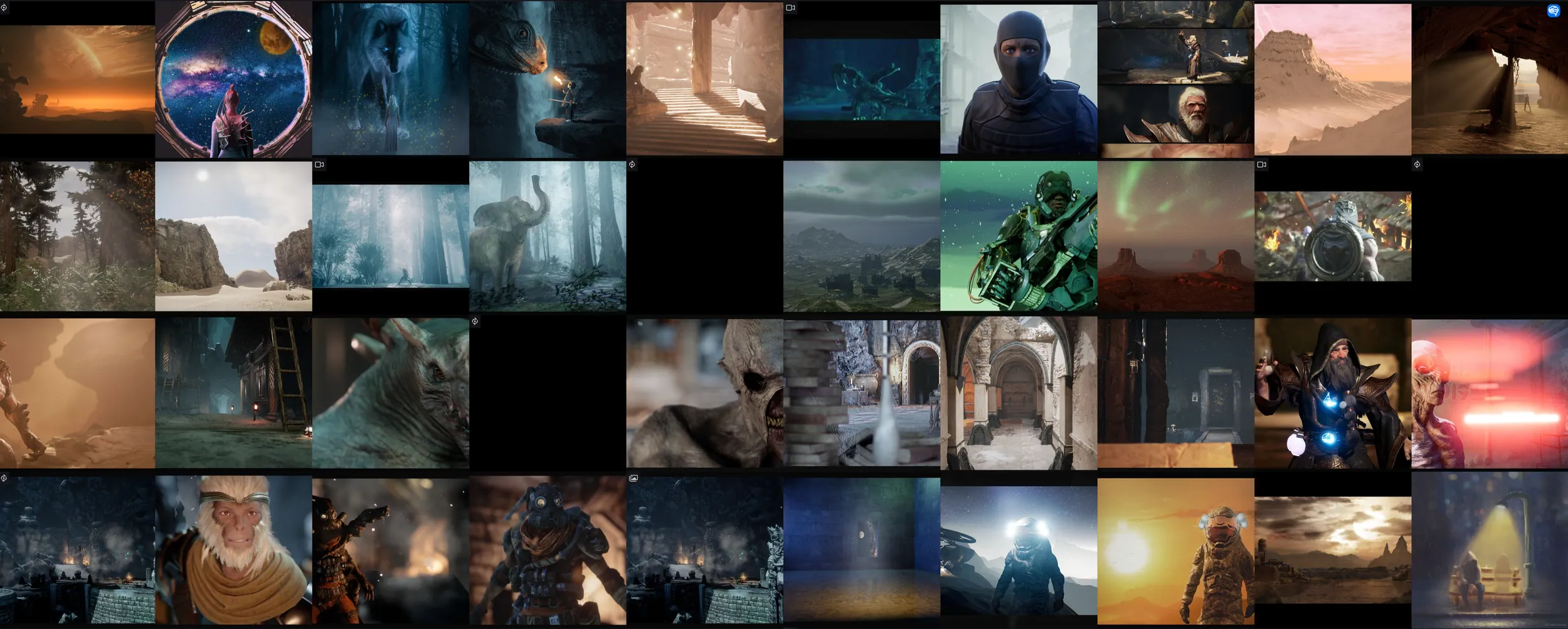 Grid of cinematic 3D-rendered stills including a wolf, a masked soldier, a monkey-faced character and an astronaut