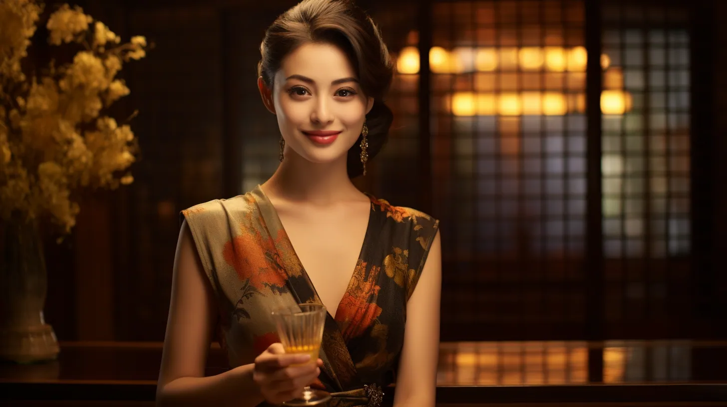 Concept image of a smiling woman in a floral silk dress holding a small amber drink before a backlit lattice screen