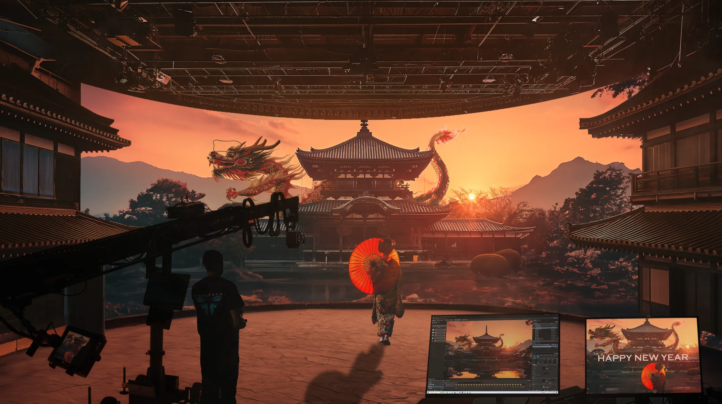 Curved LED wall with a temple-and-dragon sunset scene, a woman in kimono holding a red parasol and a camera crane at left