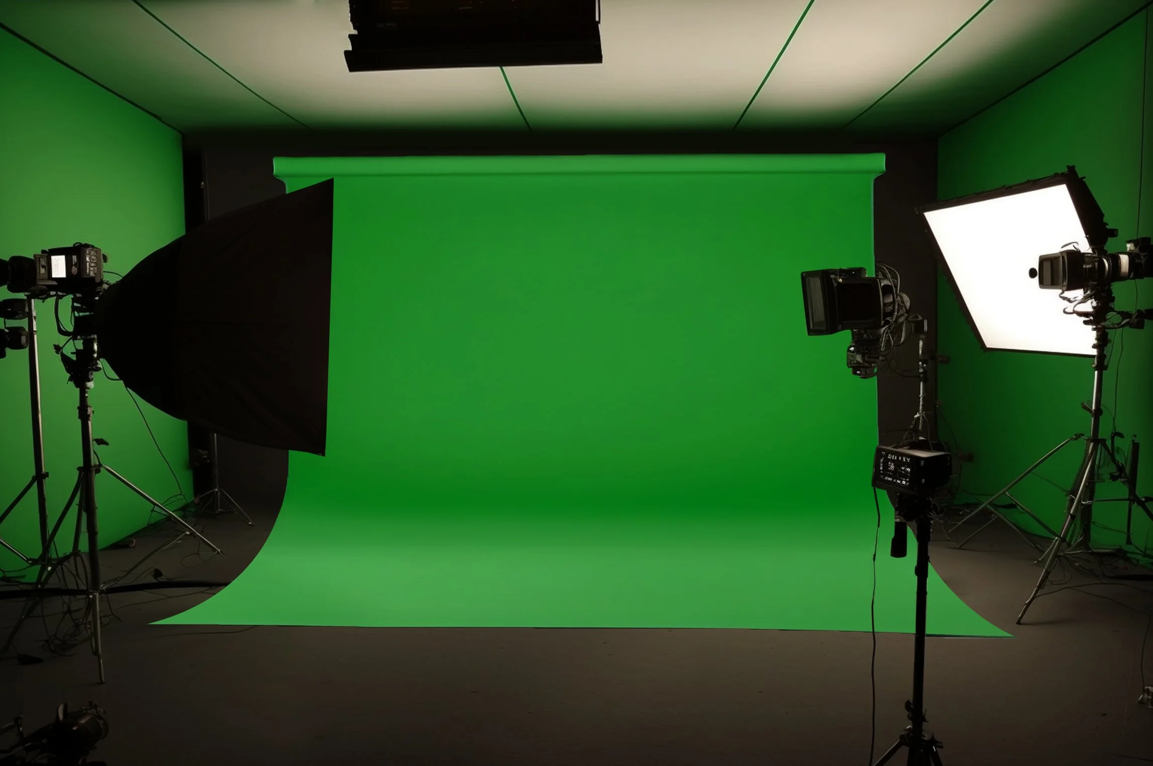 Photo of a professional photography studio with a green screen, studio lights, and cameras.