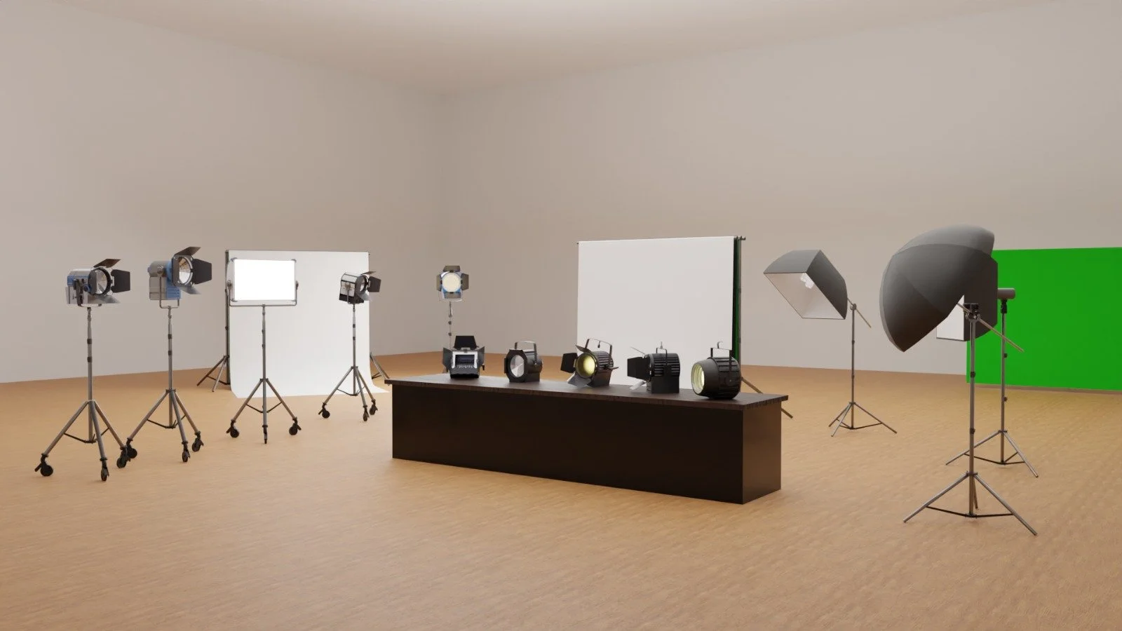 Photography studio with multiple lighting equipment, backdrop screens, and a table displaying various stage lights, with a green screen on the right side.