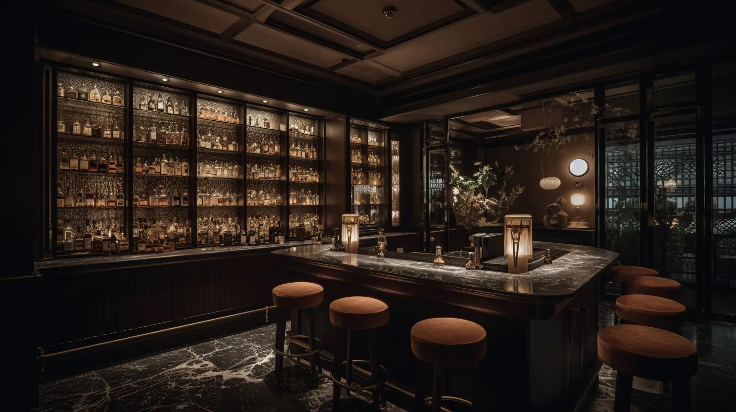 Dimly lit hotel bar concept with backlit cabinets of bottles, a dark marble counter and round brown stools on marble floor