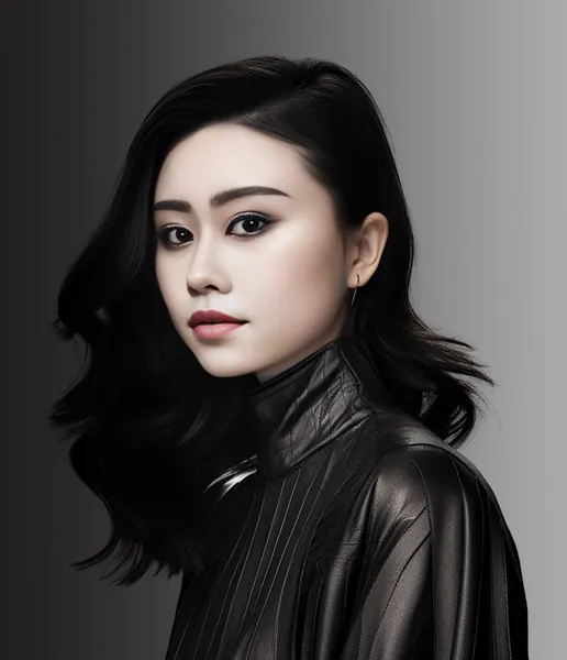 Woman with long wavy dark hair wearing a black leather high-collared top against a grey gradient background