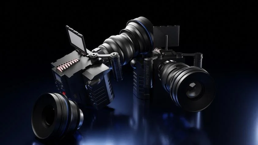 3D render of two black cinema camera rigs with lenses and a flip-out monitor on a dark reflective surface