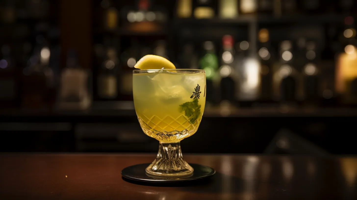 Cut-glass goblet of a pale yellow cocktail with a lemon wedge and herb garnish on a black saucer, bar bottles blurred behind