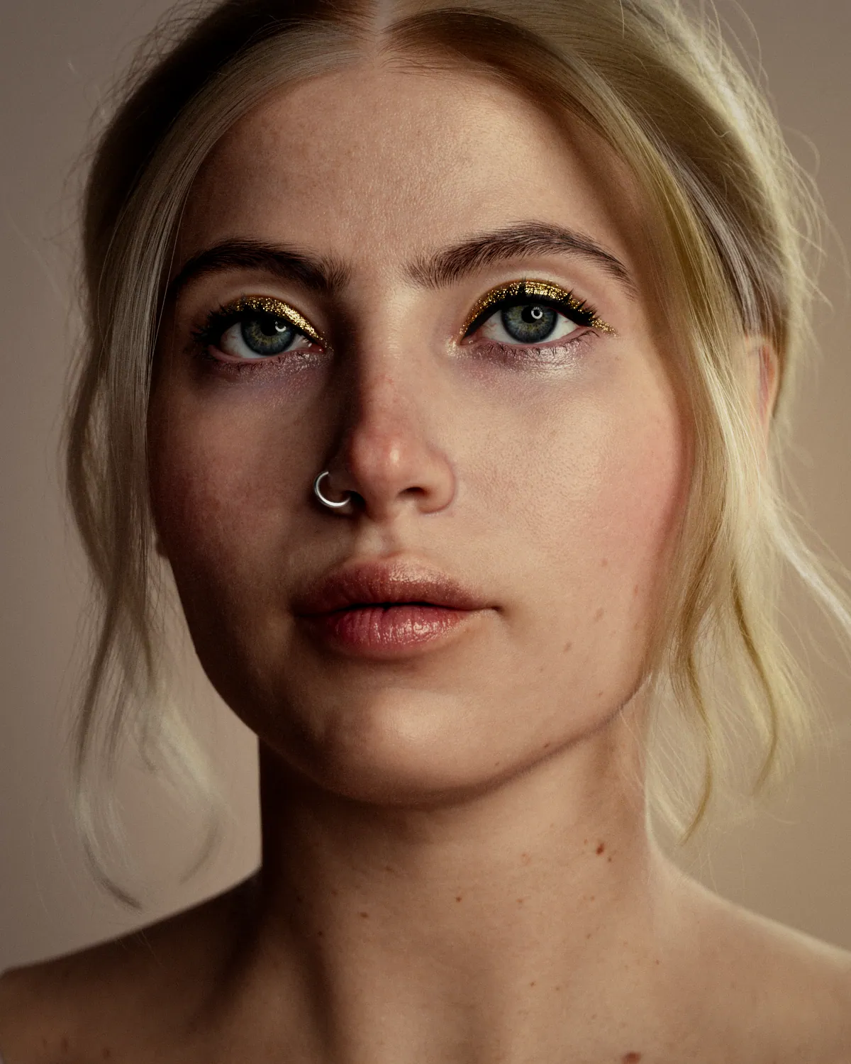 Photoreal 3D render of a blonde woman with gold glitter eyeliner and a silver nostril ring against a beige backdrop