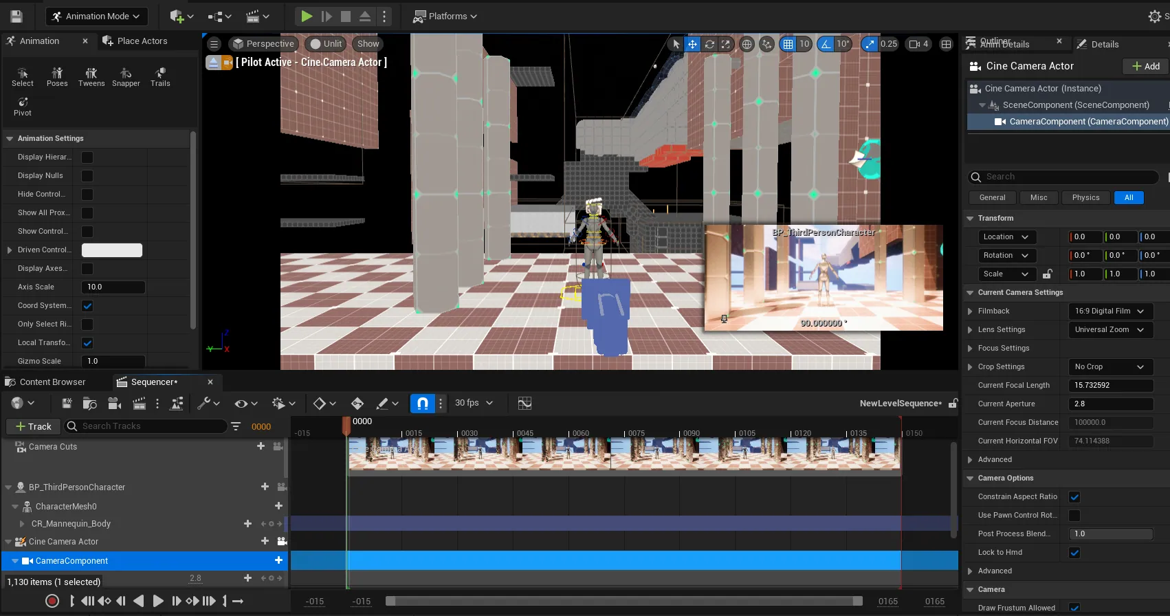 Screenshot of a 3D animation editing software interface showing a scene with a robot and a camera. The scene depicts a futuristic indoor environment with columns, stairs, and a checkered floor.
