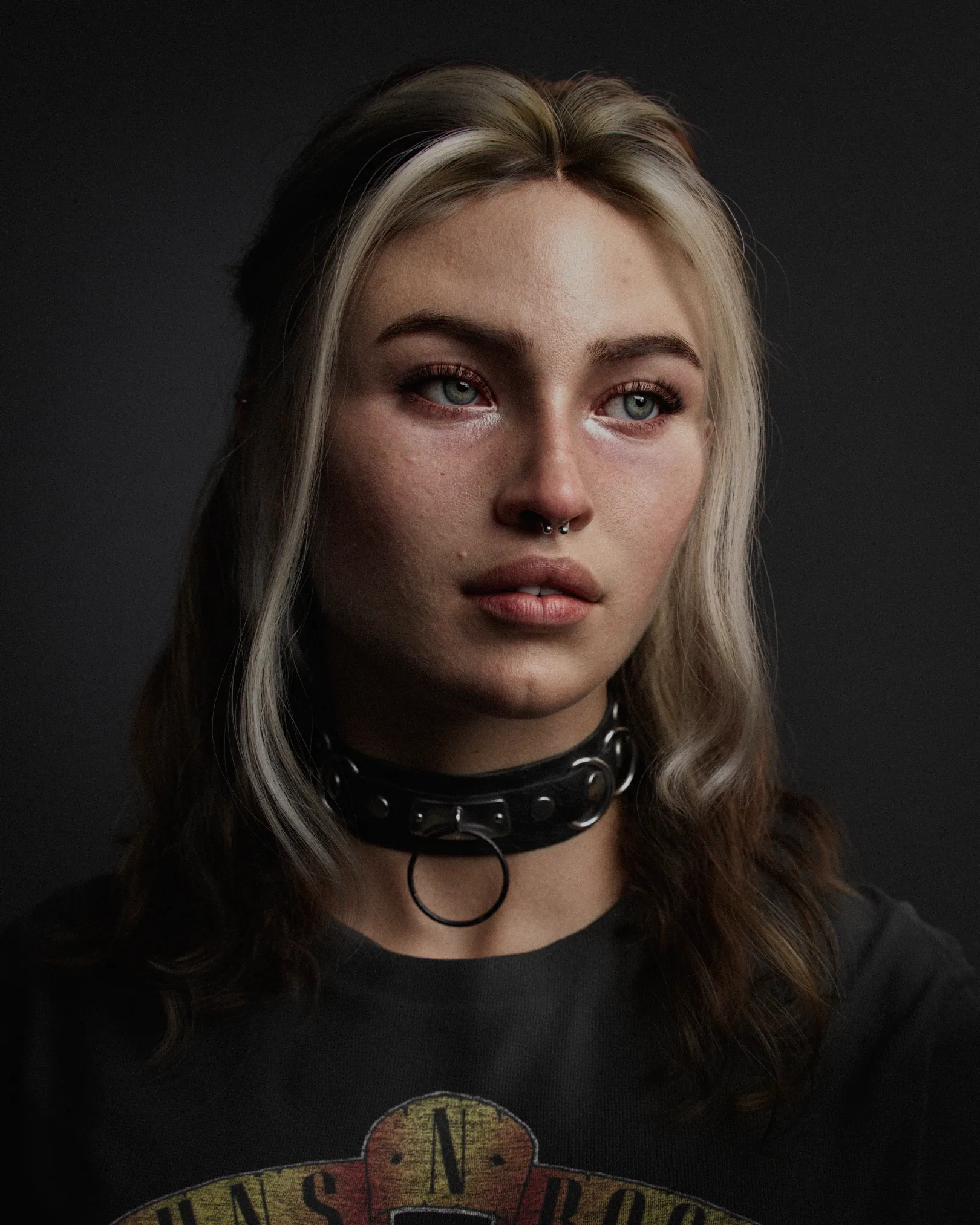Photoreal 3D character render of a young woman with blonde-streaked hair, a septum ring and a studded leather choker