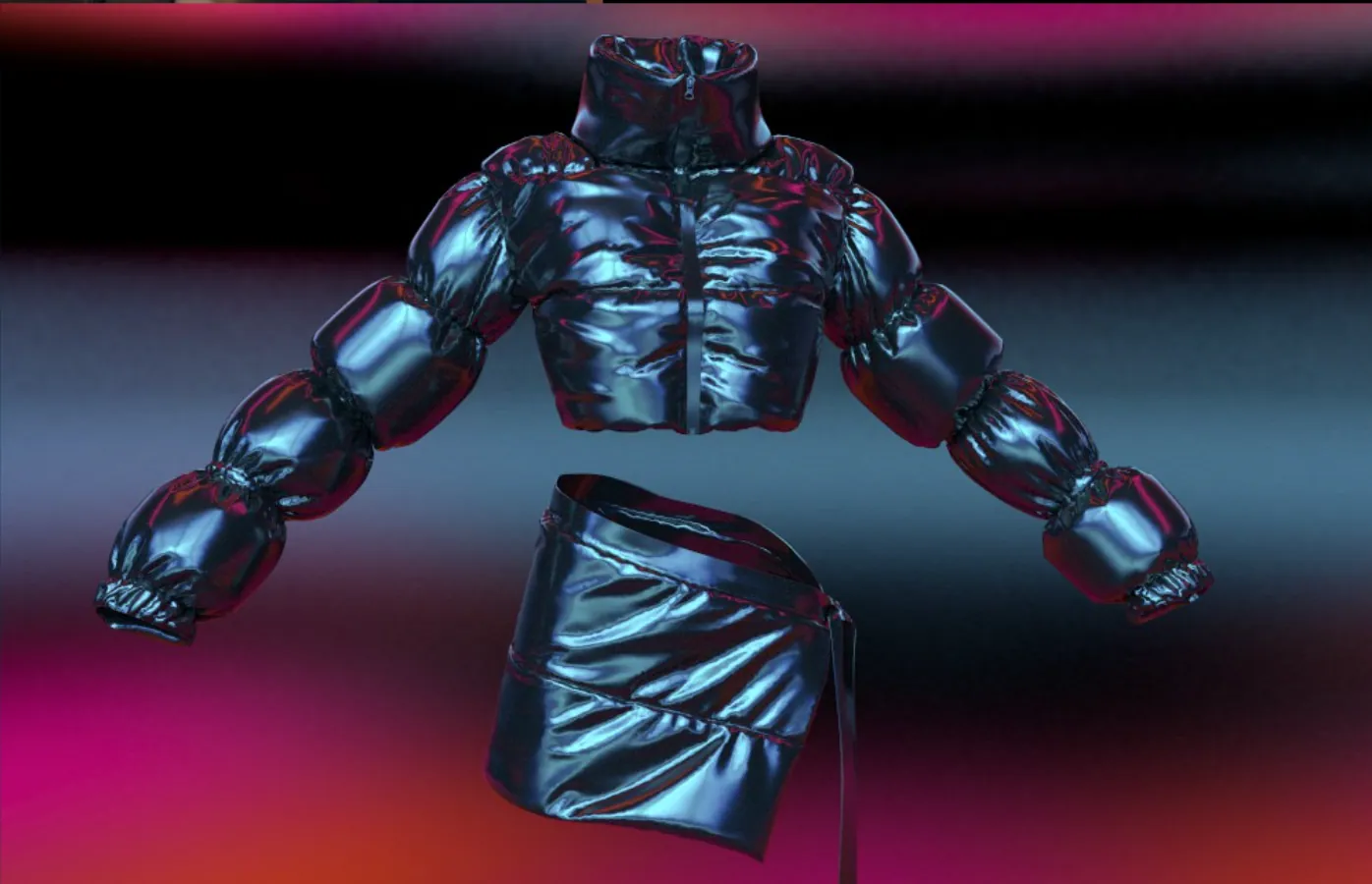 3D render of a glossy blue-black metallic puffer jacket and matching skirt floating on a blurred red background.