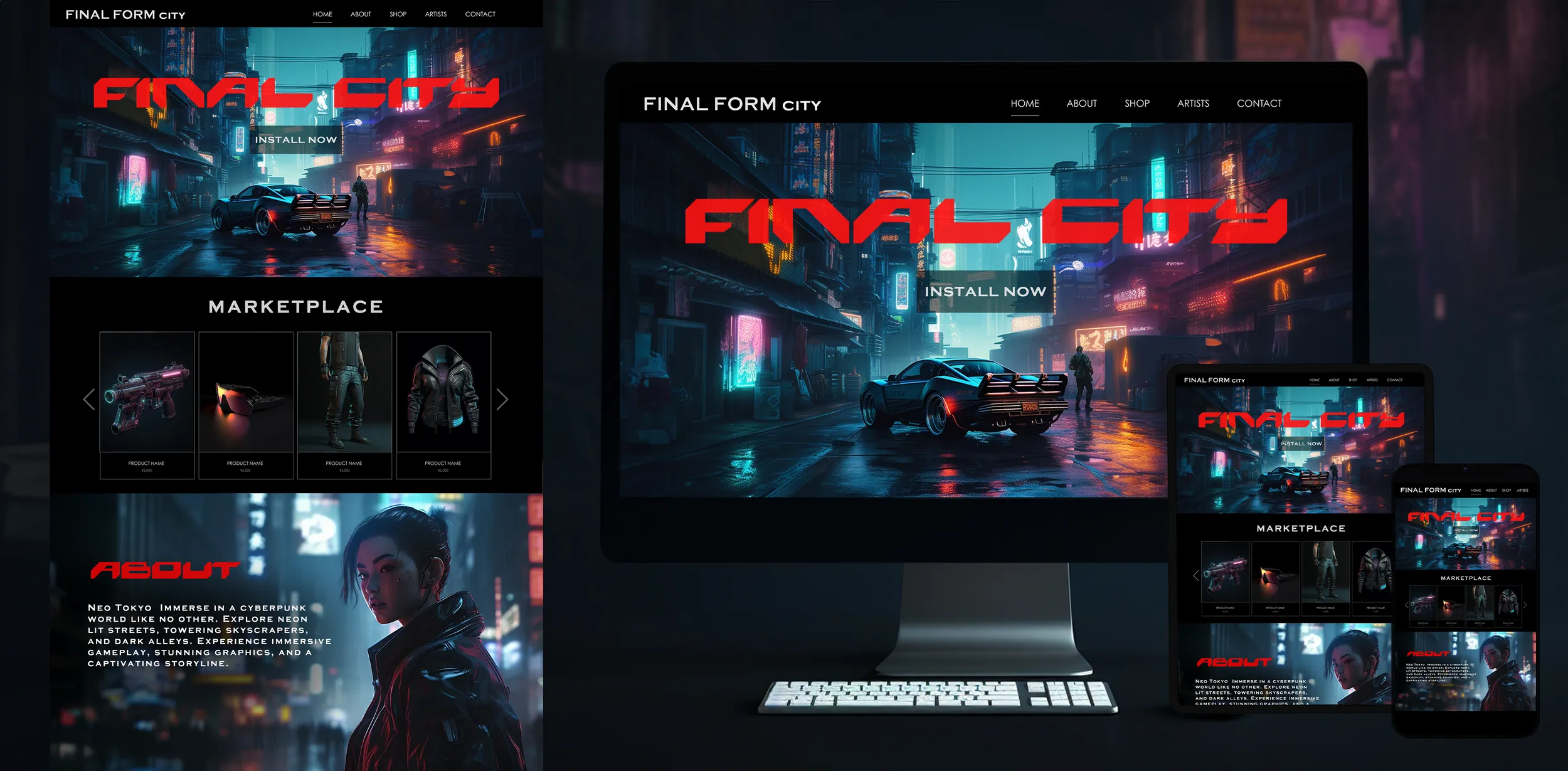 Responsive mockup of a Final Form City game site with a neon cyberpunk street and sports car on a desktop, tablet and phone